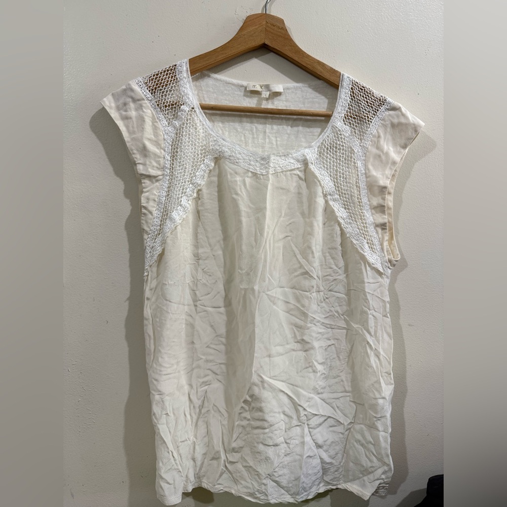 Maje Cream Crochet-Trim Cap Sleeve Blouse